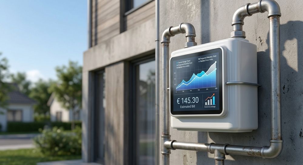 Contador de gas inteligente instalado en una fachada exterior con pantalla digital que muestra gráficos de consumo y el importe en euros.