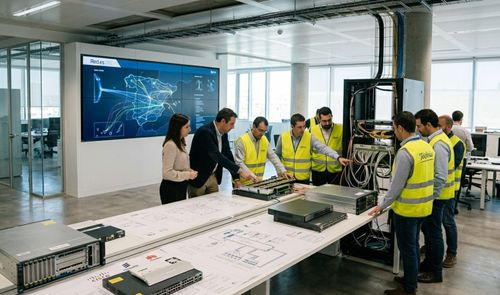 Grupo de técnicos e ingenieros trabajando con servidores y cableado en un centro de control de Telefónica.