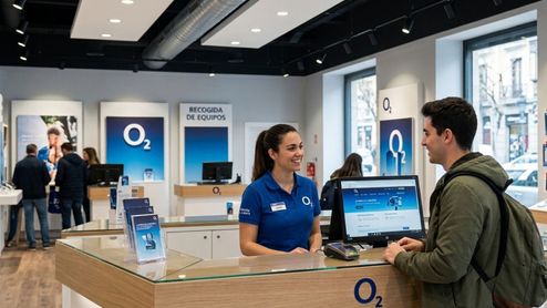 Empleado de O2 atendiendo a un cliente en el mostrador de una tienda física de la operadora.