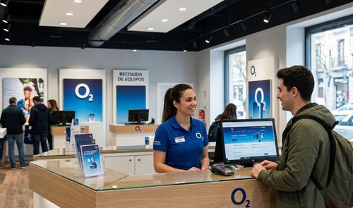 Empleado de O2 atendiendo a un cliente en el mostrador de una tienda física de la operadora.