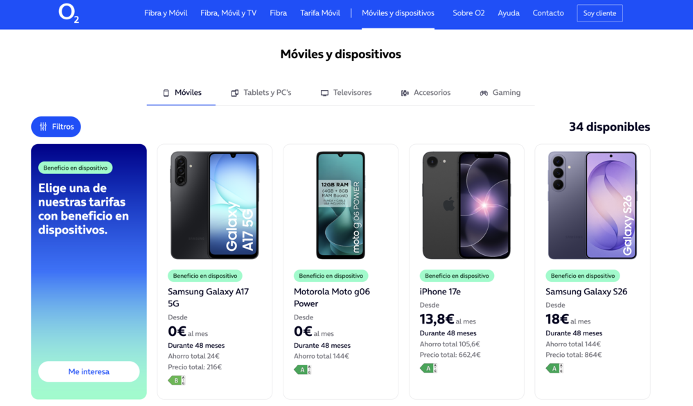 Interfaz de la tienda online de O2 mostrando el catálogo de smartphones con sus precios mensuales y condiciones de financiación.
