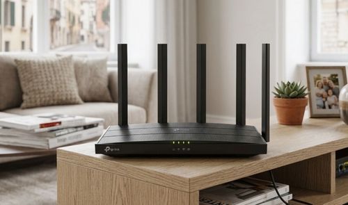 Router TP-Link de color negro con seis antenas externas sobre un mueble de madera en un salón.