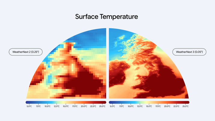 Comparativa de resolución en mapas térmicos de temperatura superficial entre los modelos WeatherNext 2 y WeatherNext 3.