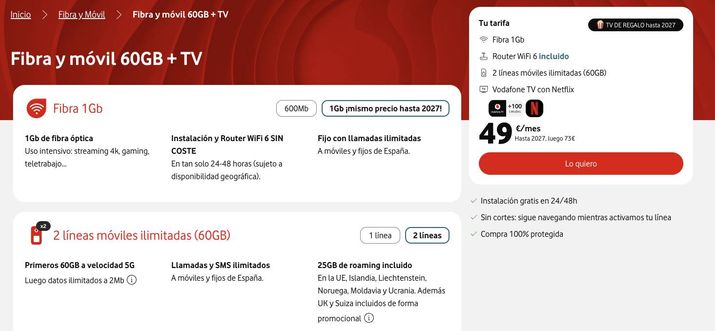 Detalle de una oferta comercial de Vodafone que incluye fibra de 1 Gbps, dos líneas móviles y televisión.
