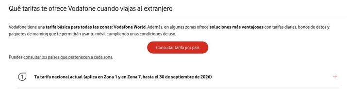 Detalle de la página web de Vodafone explicando las tarifas de roaming y el uso del móvil en el extranjero.