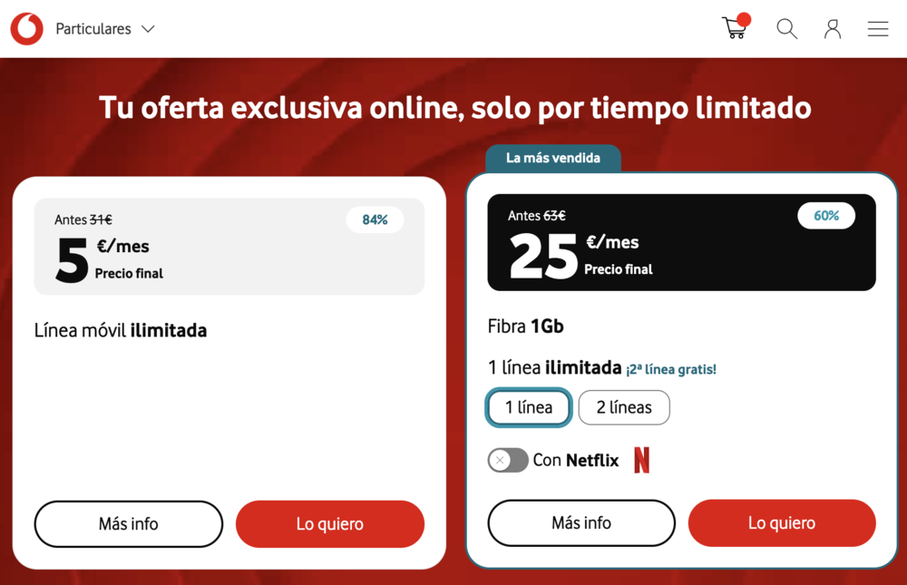 Interfaz de la web de Vodafone con ofertas en tarifas de móvil y fibra con descuentos aplicados.