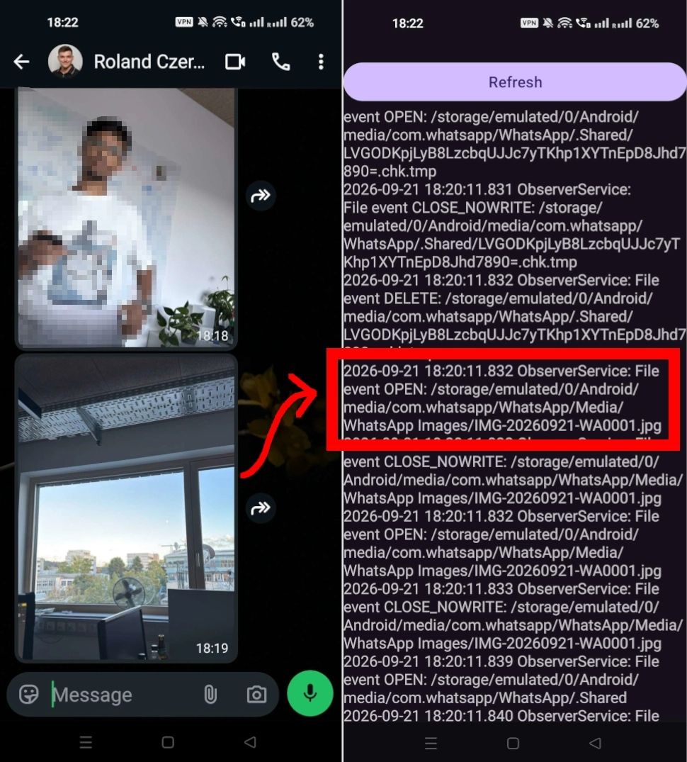 Interfaz de chat en WhatsApp y consola de registro de eventos con rutas de archivos en Android.