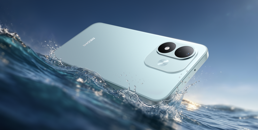 Parte trasera de un Xiaomi 17 Note de color azul claro sobre el agua con salpicaduras.