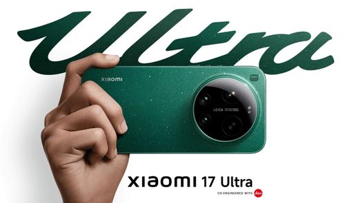 Mano sujetando en horizontal un Xiaomi 17 Ultra de color verde con gran módulo de cámaras circular Leica.