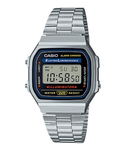 Reloj digital Casio A168WA con pulsera de eslabones en acero inoxidable y pantalla LCD.