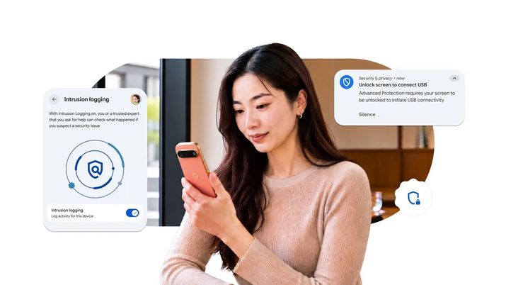 Mujer consultando su teléfono móvil con ventanas superpuestas que muestran las funciones de Intrusion logging y Advanced Protection en Android.
