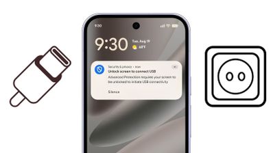 Notificación de Advanced Protection en la pantalla de bloqueo de un smartphone Android solicitando desbloqueo para permitir la conexión USB.