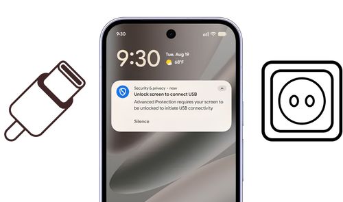 Notificación de Advanced Protection en la pantalla de bloqueo de un smartphone Android solicitando desbloqueo para permitir la conexión USB.