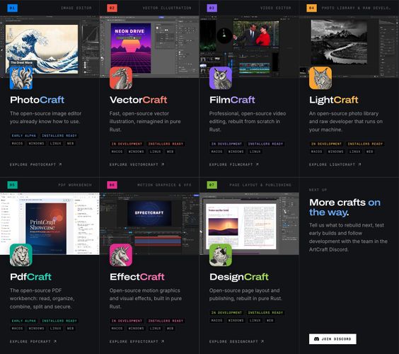 Cuadrícula con los iconos y descripciones de las aplicaciones de código abierto de la suite ArtCraft.