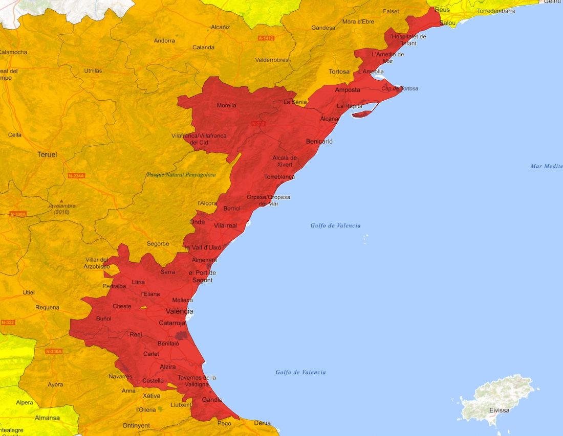 Mapa de avisos rojos y naranjas de AEMET