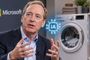 Brad Smith de Microsoft gesticulando ante la imagen de una lavadora y un icono de inteligencia artificial.
