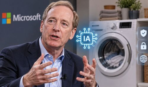 Brad Smith de Microsoft gesticulando ante la imagen de una lavadora y un icono de inteligencia artificial.