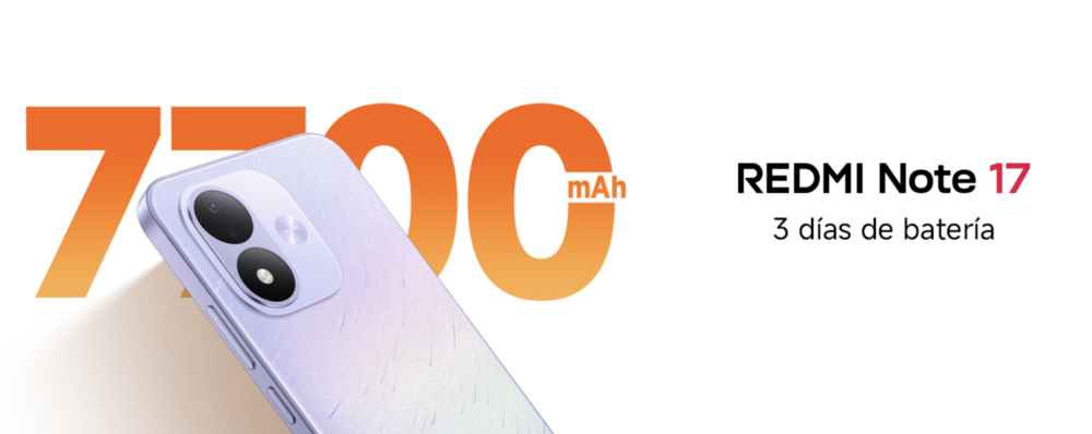 Parte trasera de un smartphone REDMI Note 17 en color lavanda junto a la cifra de 7700 mAh de batería.