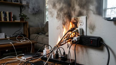 Cargadores enchufados provocando un incendio