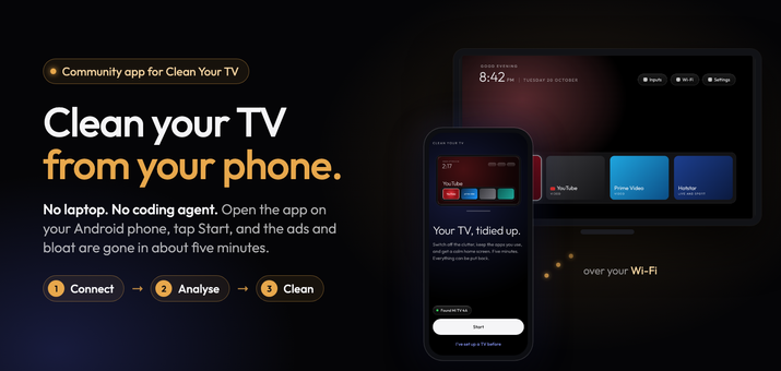 Interfaz de la aplicación CleanYourTV en un teléfono móvil junto a una pantalla de televisión mostrando el proceso de limpieza de software.