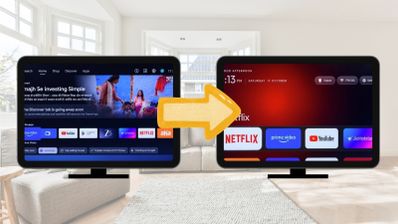 Comparación entre una interfaz de televisión saturada de anuncios y menús frente a una pantalla simplificada mediante CleanYourTV.