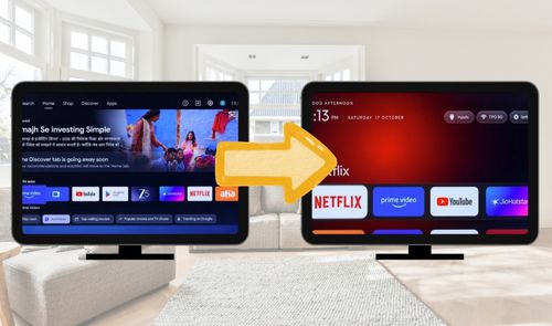 Comparación entre una interfaz de televisión saturada de anuncios y menús frente a una pantalla simplificada mediante CleanYourTV.