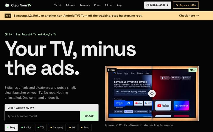 Interfaz del sitio web CleanYourTV para eliminar publicidad en televisores inteligentes.