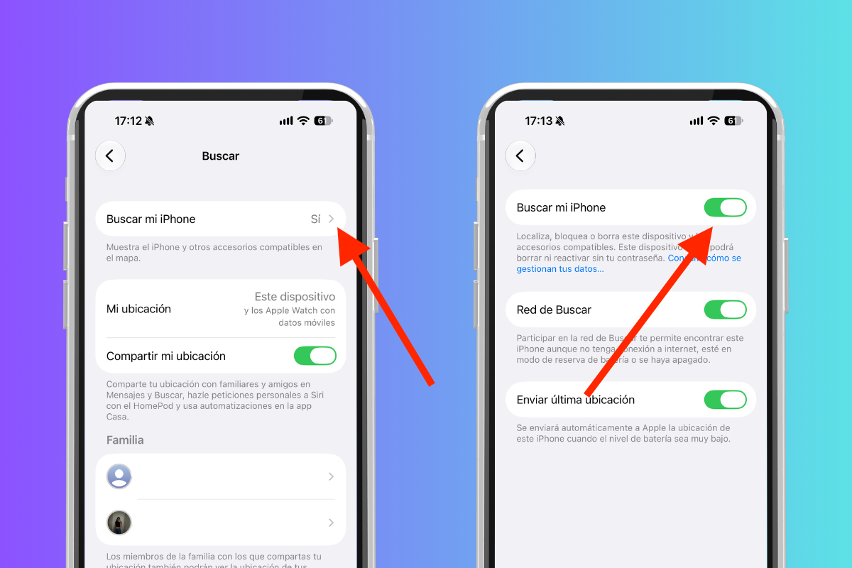 Capturas que muestran los pasos para activar Buscar mi iPhone