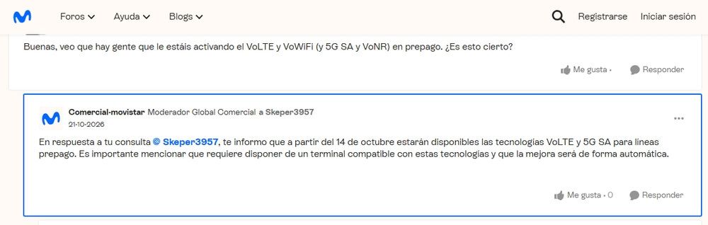 Mensaje de Movistar en su comunidad confirmando el VoLTE en prepago