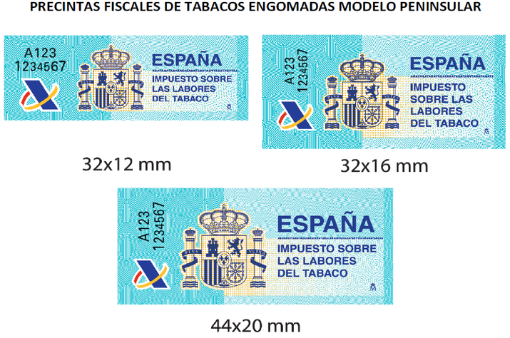 Tres tamaños de precintas fiscales españolas para el impuesto sobre las labores del tabaco con el escudo nacional y el logo de la Agencia Tributaria.