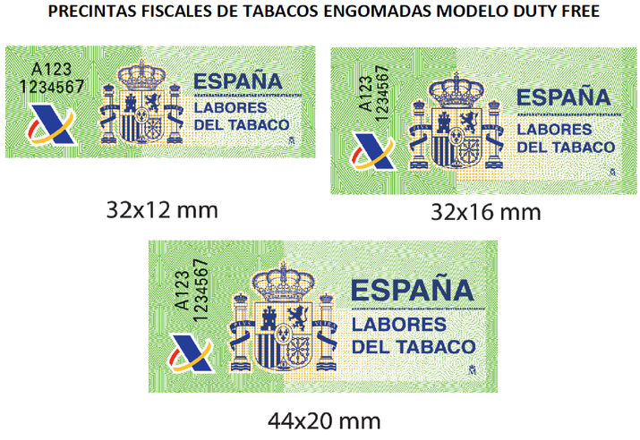 Tres variantes de precintas fiscales engomadas para labores del tabaco en España tipo Duty Free con sus medidas en milímetros.