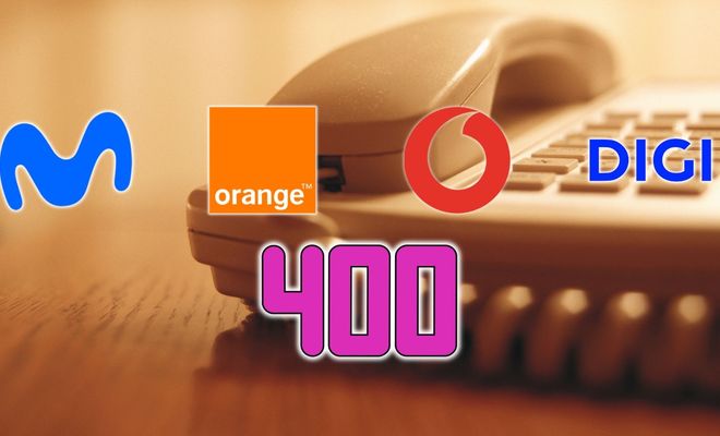 Logotipos de Movistar, Orange, Vodafone y DIGI sobre un teléfono fijo con el número 400 superpuesto.