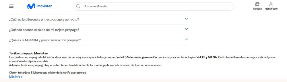 Información de las líneas de prepago en la web de Movistar