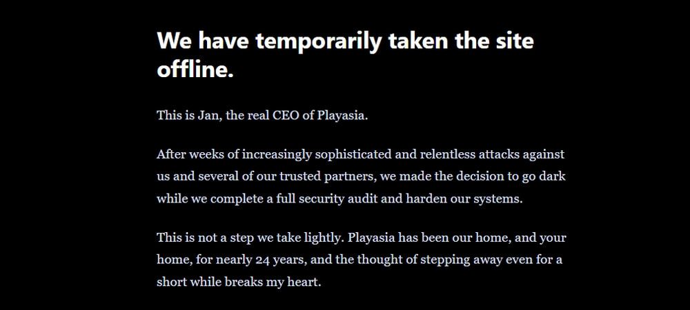Mensaje de cierre temporal de PlayAsia