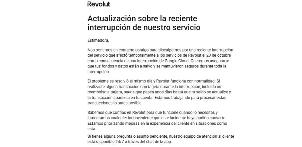 Emal enviado de Revolut sobre la caída