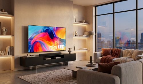 Televisor Samsung M70H de 65 pulgadas con diseño de marcos reducidos y soporte gris, mostrando la pantalla encendida con contenido de muestra