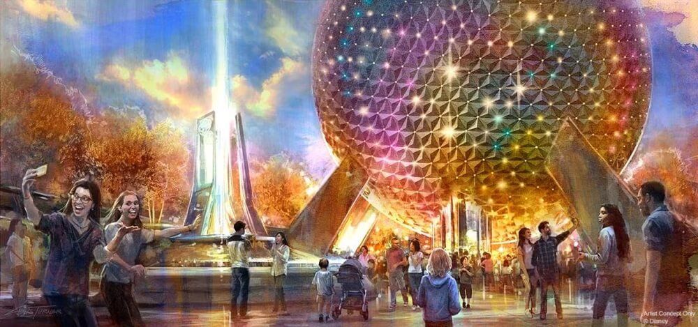 Una imagen conceptual de la atracción Spaceship Earth