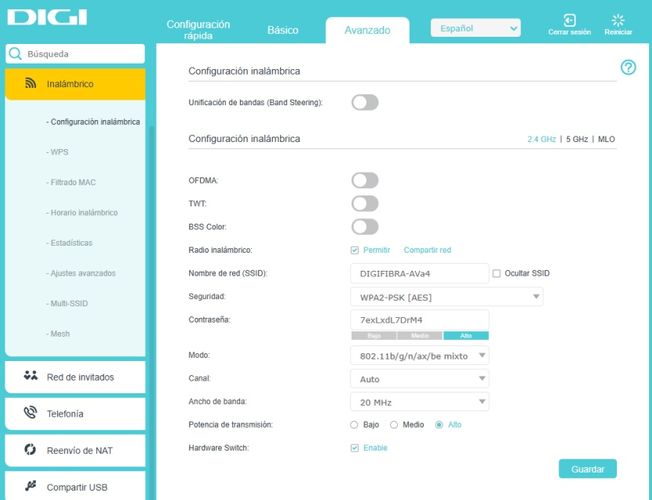 Panel de configuración avanzada inalámbrica en la interfaz de usuario de un router DIGI.