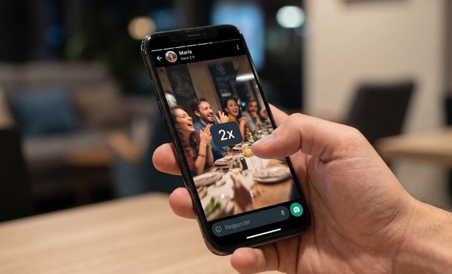 Persona reproduciendo un estado de WhatsApp al doble de velocidad