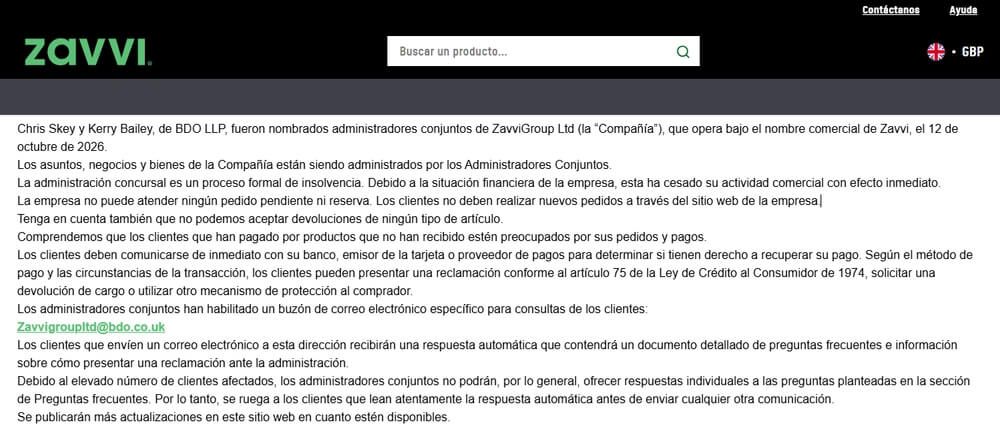 Mensaje de Zavvi del cierre