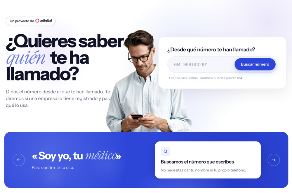 Interfaz web de consulta de identificación de llamadas telefónicas con buscador de números.