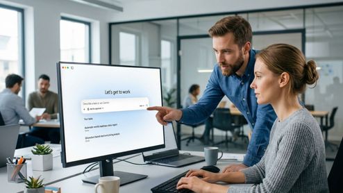 Dos personas en una oficina colaborando frente a un monitor que muestra la interfaz de configuración de un agente de Gemini.