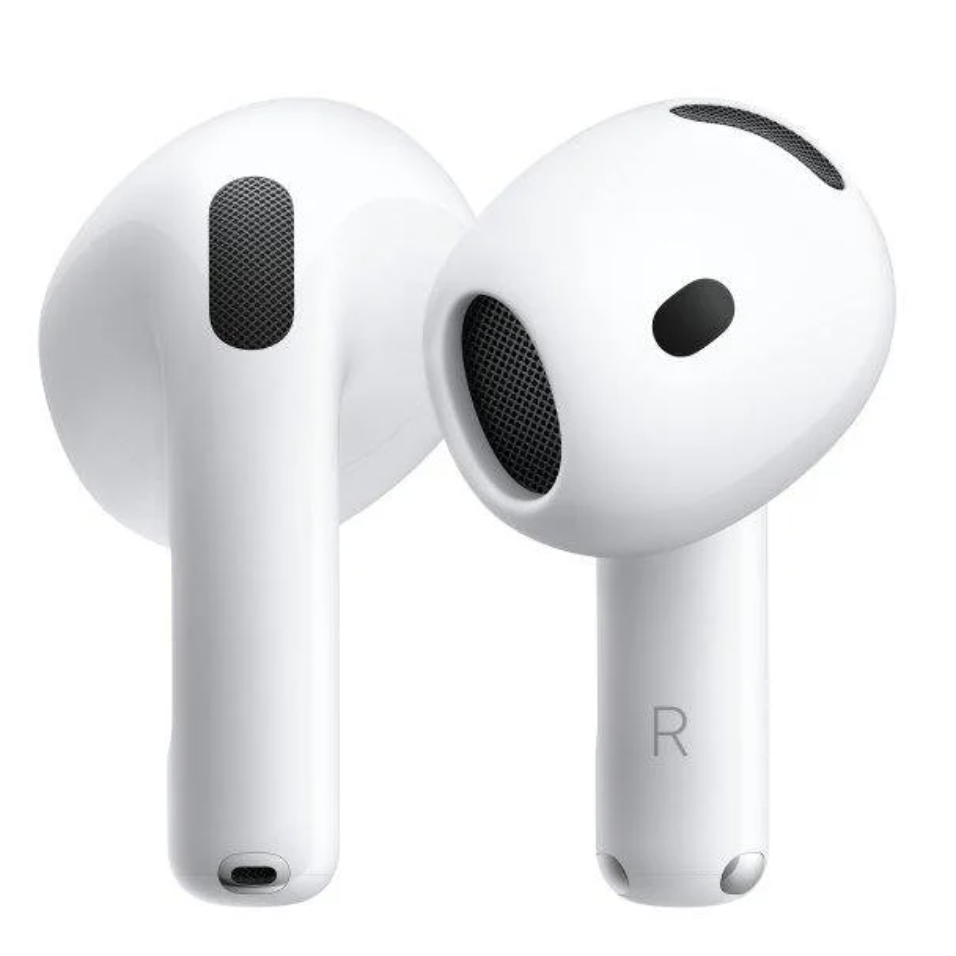 Primer plano de dos auriculares inalámbricos blancos sobre fondo neutro.