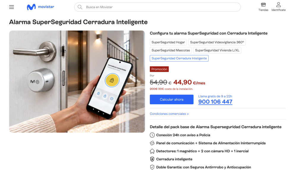 Interfaz web de Movistar mostrando la oferta del servicio Alarma SuperSeguridad con Cerradura Inteligente.