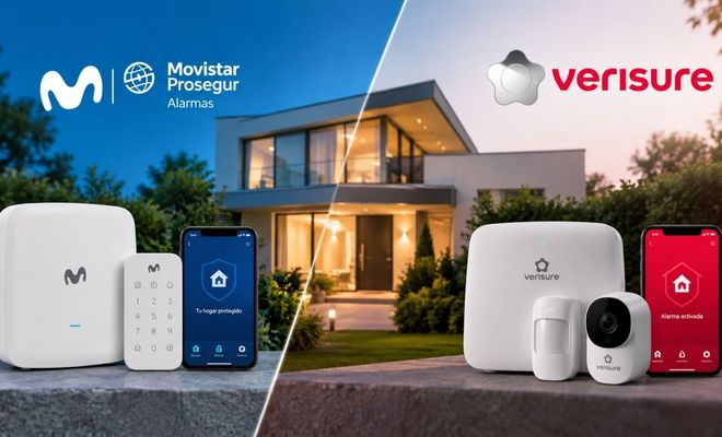 Comparativa de kits de seguridad para el hogar de Movistar Prosegur Alarmas y Verisure con sus respectivos dispositivos y aplicaciones móviles.
