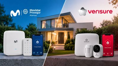 Comparativa de kits de seguridad para el hogar de Movistar Prosegur Alarmas y Verisure con sus respectivos dispositivos y aplicaciones móviles.
