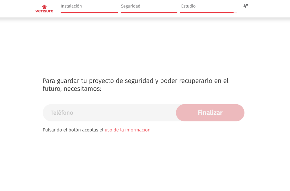 Formulario web de Verisure para guardar un proyecto de seguridad mediante número de teléfono.