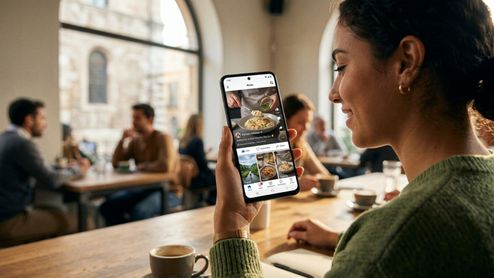 Una mujer joven en una cafetería consultando la aplicación de Facebook en su teléfono móvil.