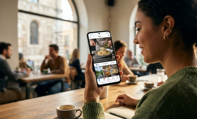 Una mujer joven en una cafetería consultando la aplicación de Facebook en su teléfono móvil.