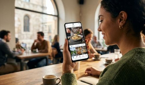 Una mujer joven en una cafetería consultando la aplicación de Facebook en su teléfono móvil.